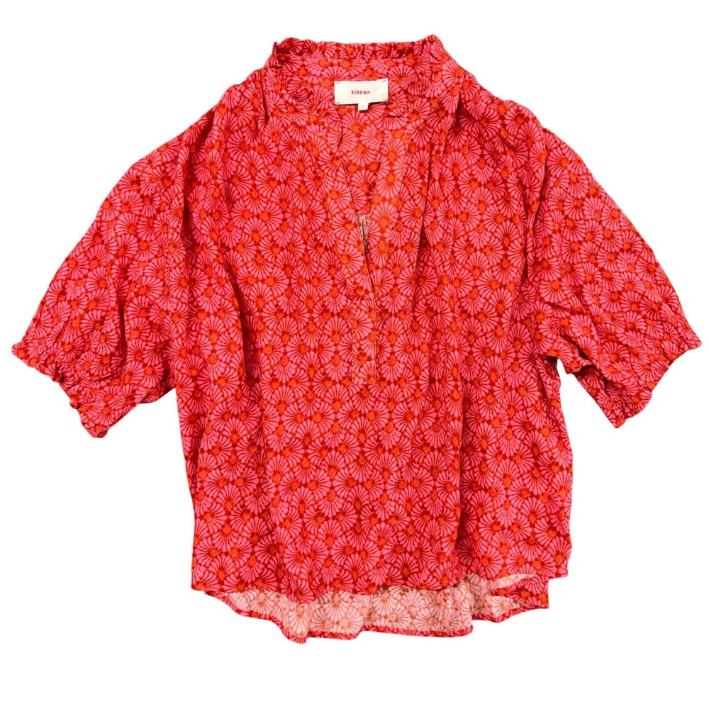 Xirena Red Pink Floral Cotton Gauze Ruffle Collar Top Size M